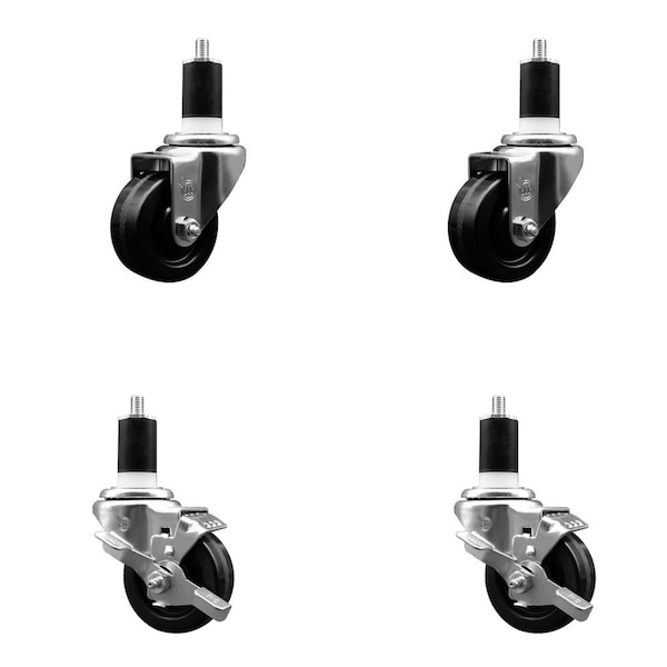 3'' Phenolic Wheel Swivel 1-1/2'' Expand Stem Caster Set 2 Brakes, 4PK